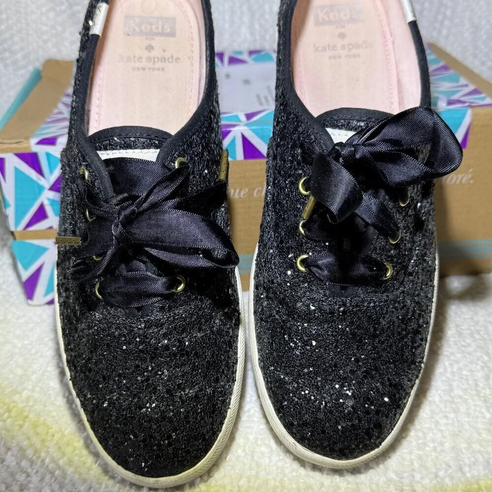 Keds x kate spade Black Glitter Sneakers Women's‎ 9.5 Ribbon Laces EUC